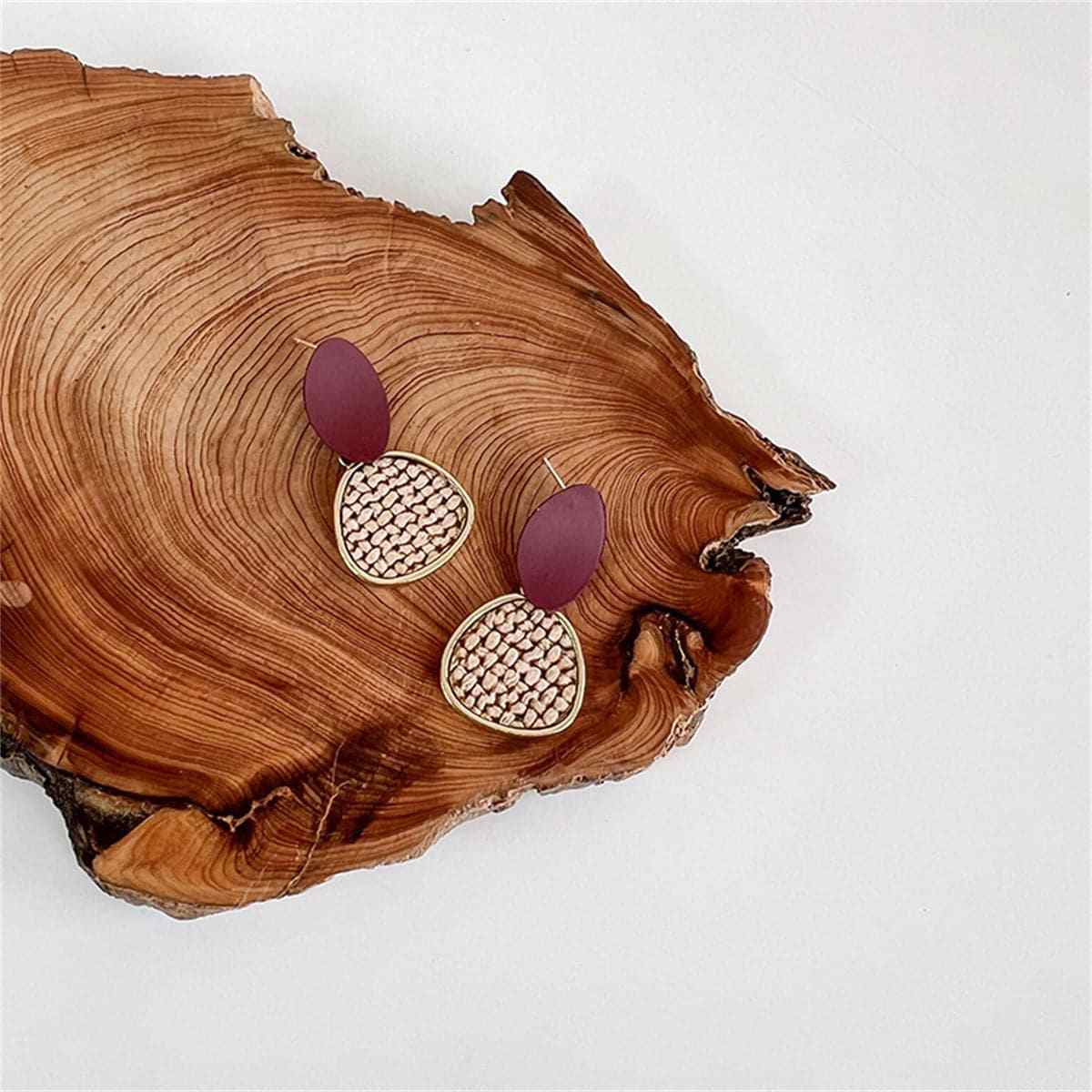 Brown Polystyrene & Goldtone Woven Tiered Oval Drop Earrings