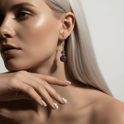 Purple Jade & Silvertone ‌Gourd-Shape Hook Earrings