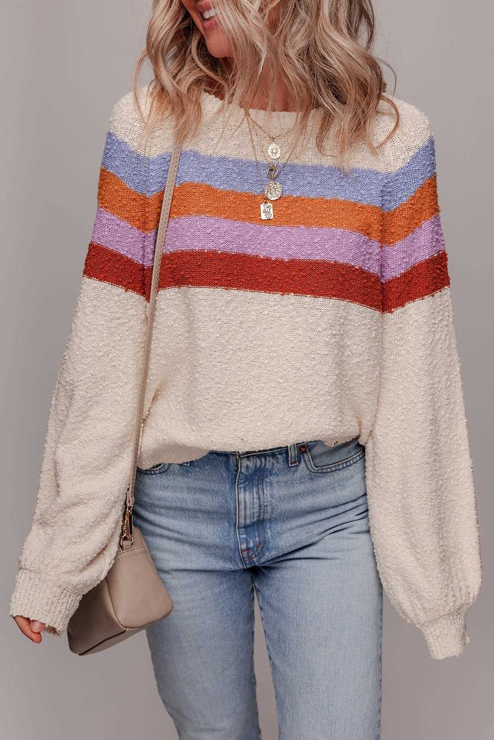Ayla Striped Color Block Loose Sleeve Chic Sweater - Jet Stream / M - 8/10