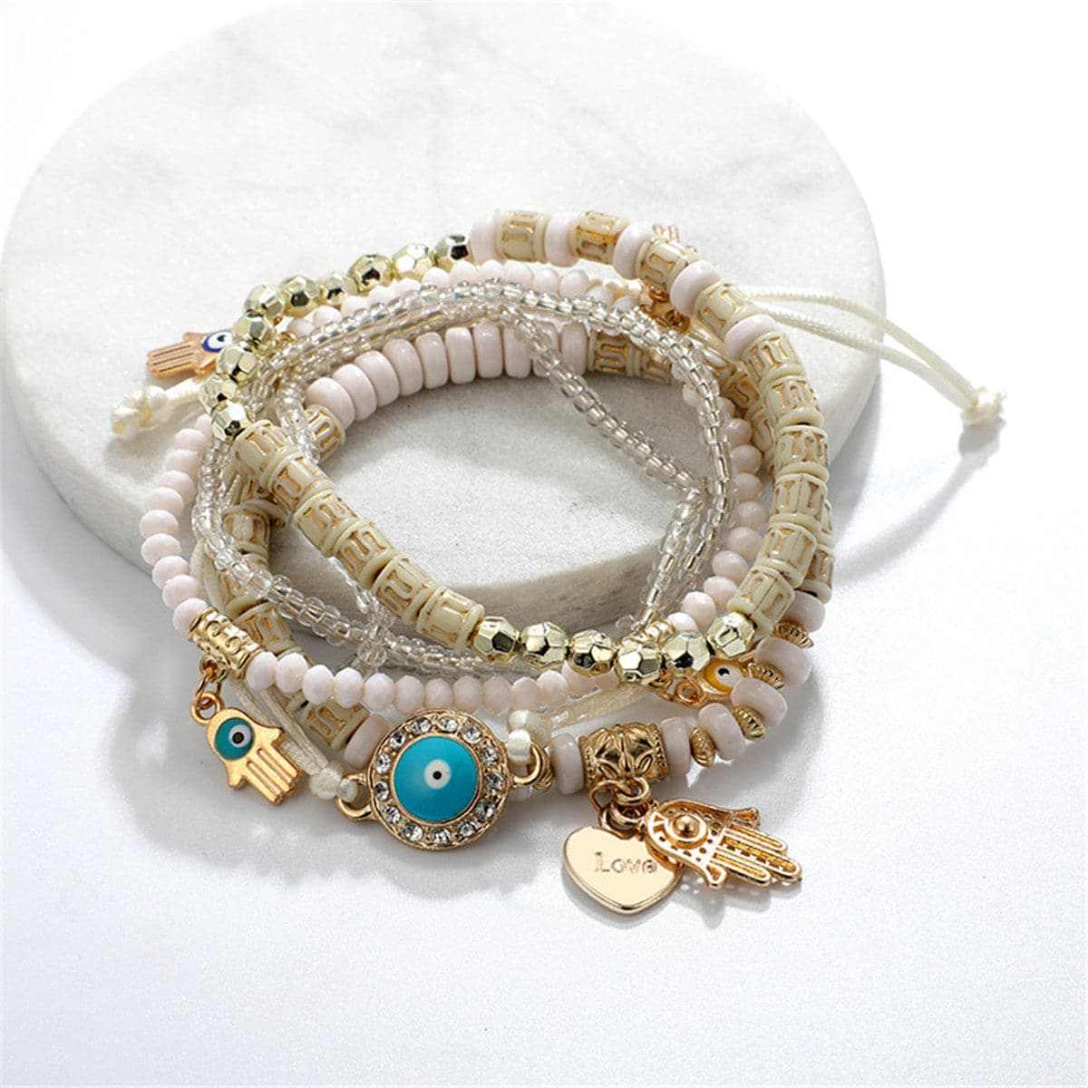 Turquoise & Goldtone Hamsa Heart Bracelet Set