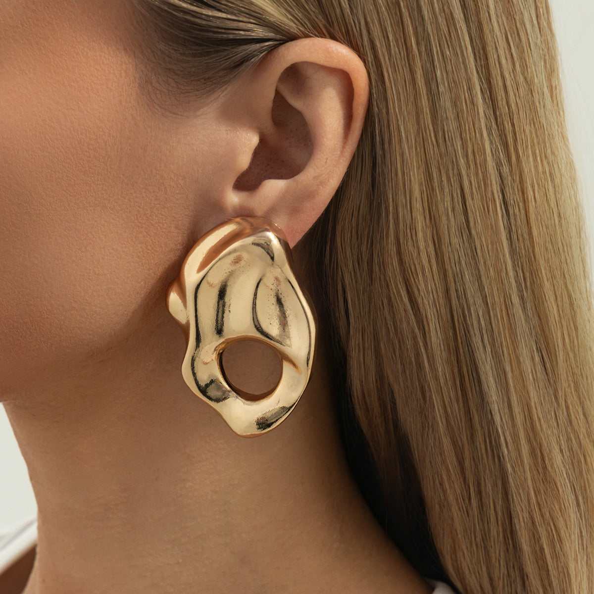 Goldtone Hammered Open Uneven Drop Statement Stud Earrings