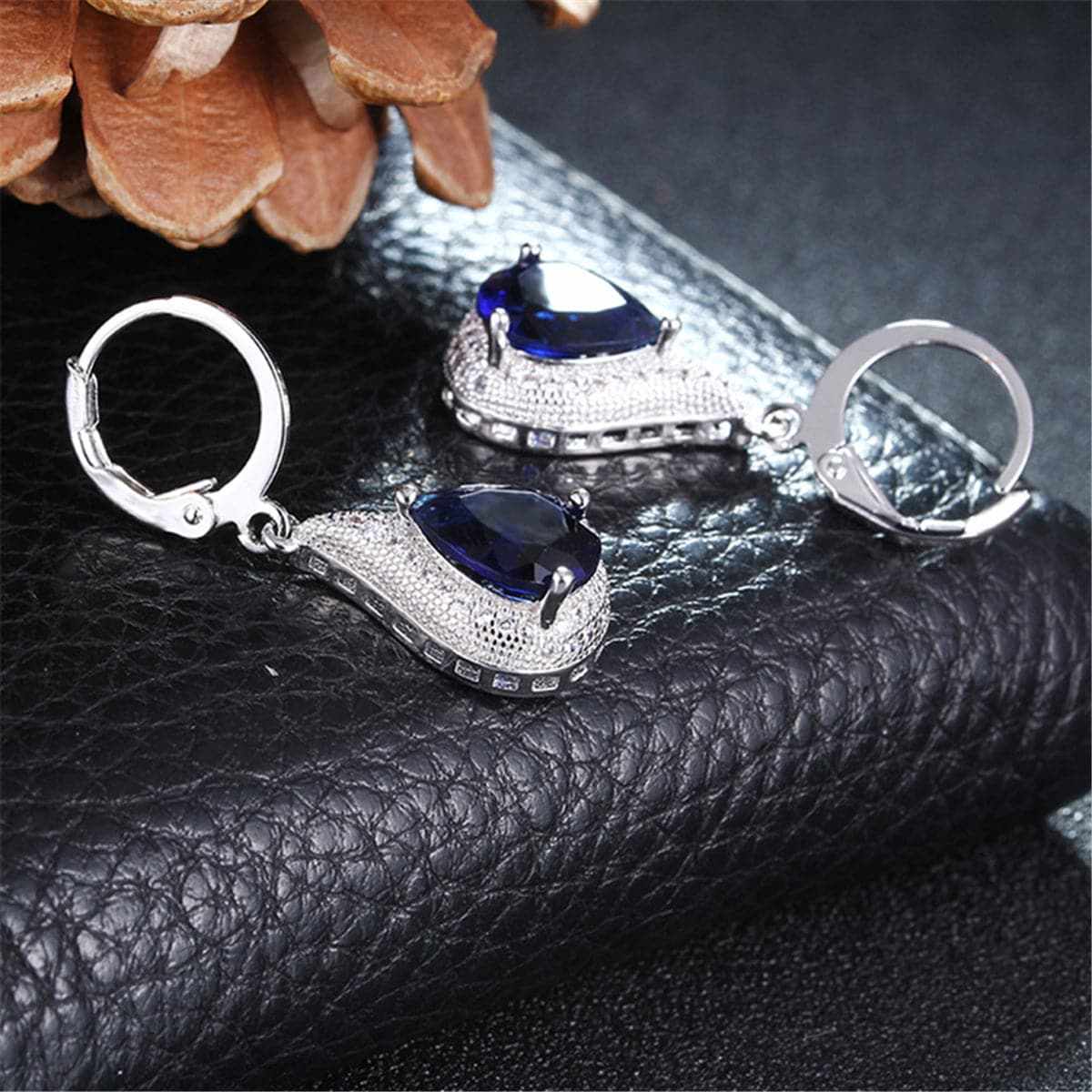 Navy Crystal & Silvertone Teardrop Earrings