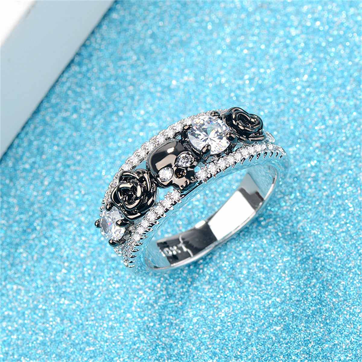 Crystal & Cubic Zirconia Two-Tone Skull Rose Ring-7