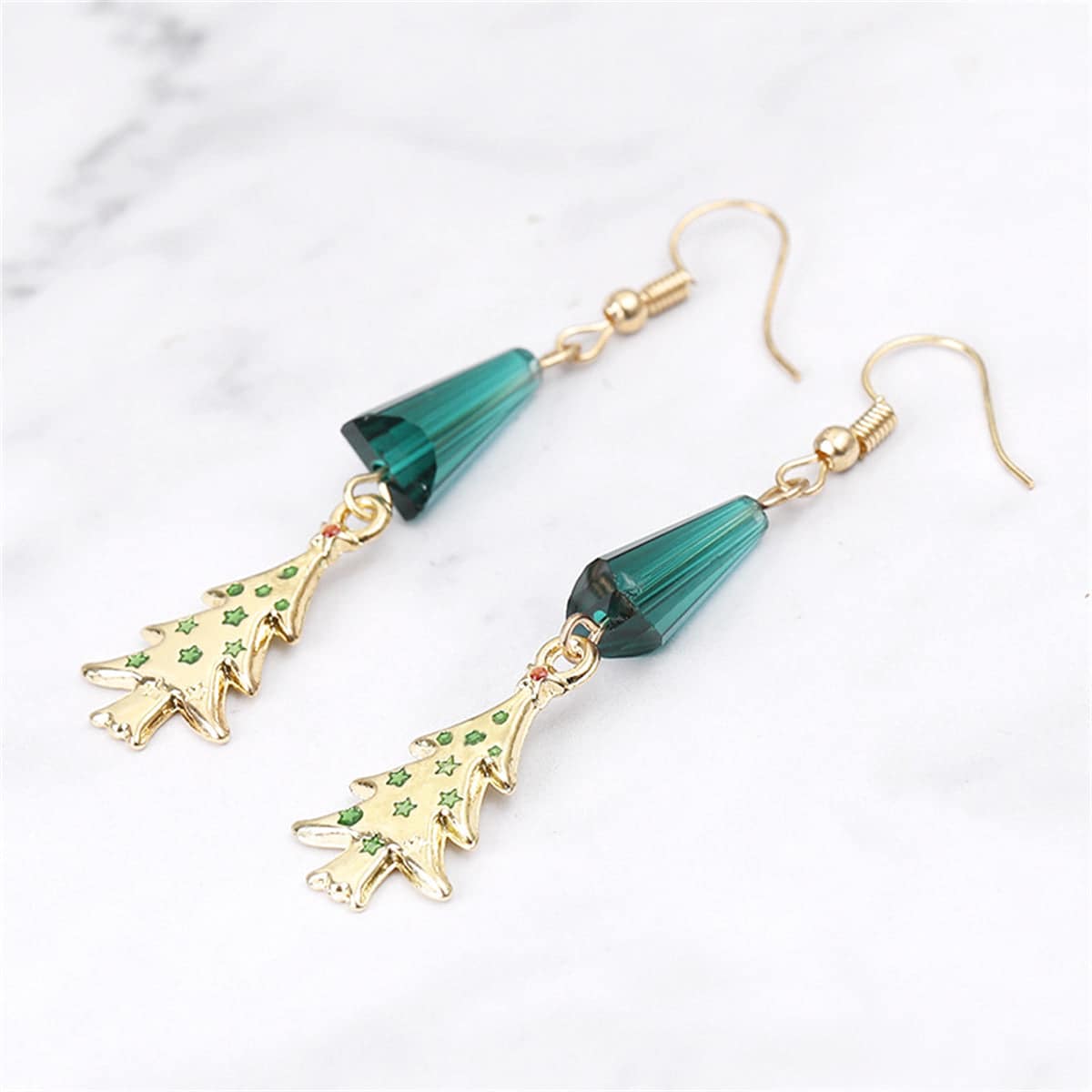 Teal Acrylic & Goldtone Christmas Tree Drop Earrings