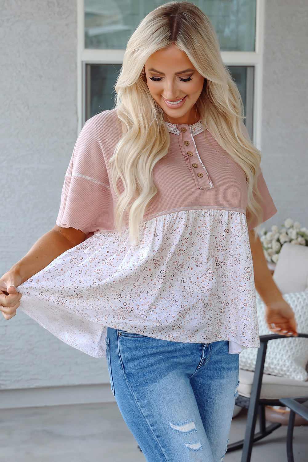 Threaded Pear Legacy Waffle Floral Exposed Seam Top