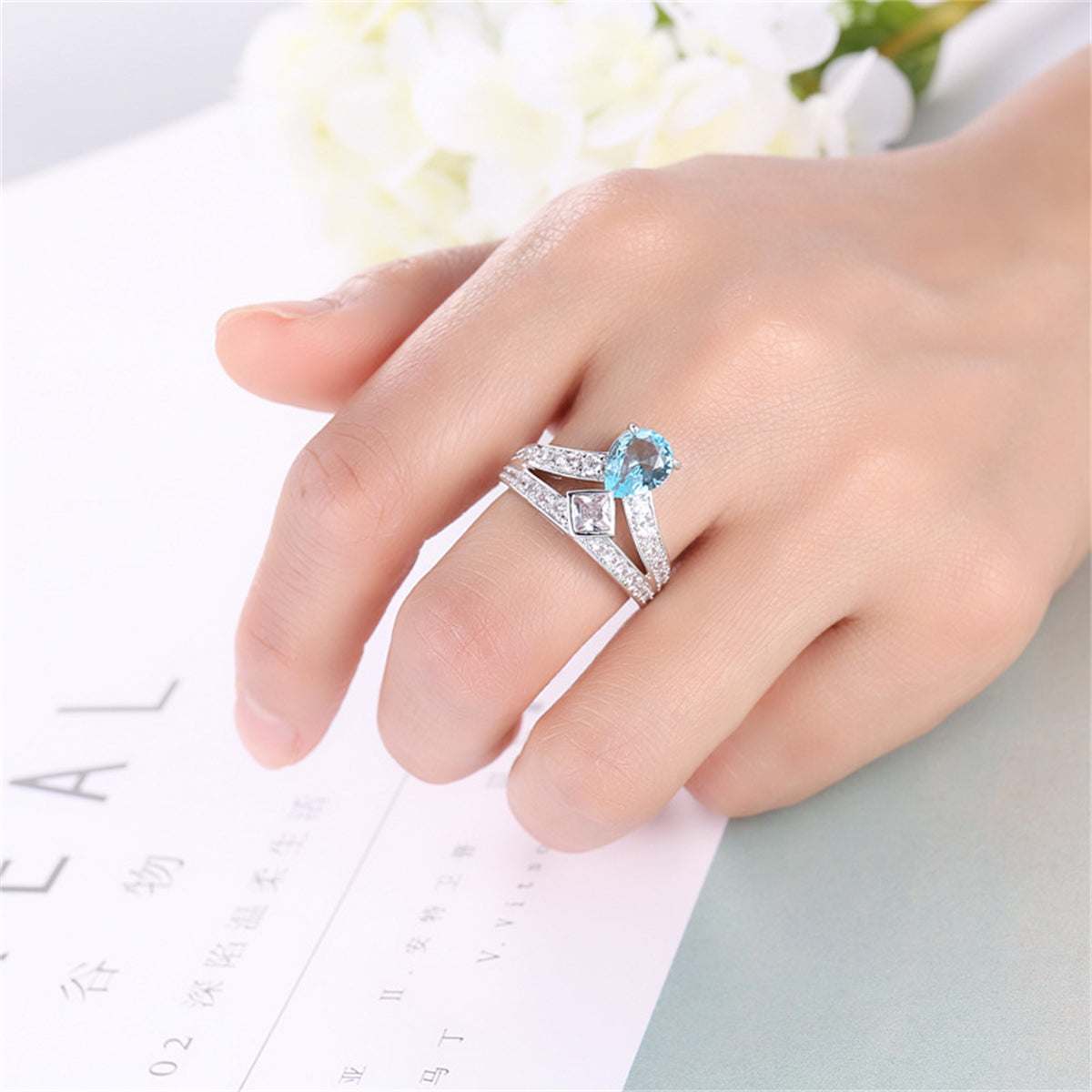 Sea Blue Crystal & Cubic Zirconia Pear-Cut Ring-4