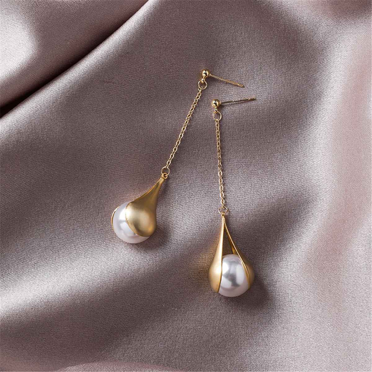 Pearl & Goldtone Bezel Drop Earrings