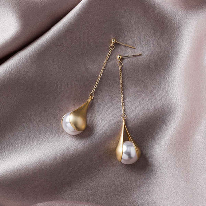 Pearl & Goldtone Bezel Drop Earrings