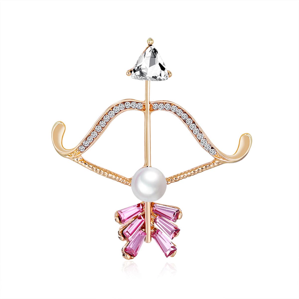 Clear Crystal & Cubic Zirconia Pearl Goldtone Bow Arrow Brooch