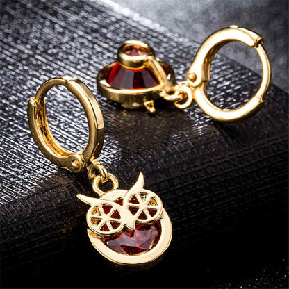 Red Cubic Zirconia & Goldtone Owl Bezel Drop Earrings
