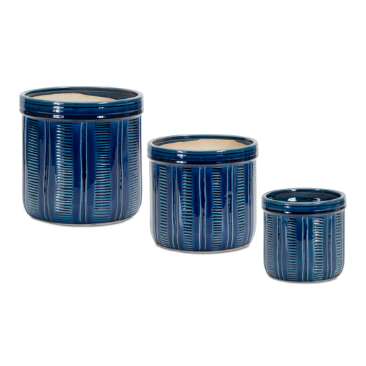 Melrose International Blue Etched Terra Cotta Pot Planter (Set of 3)