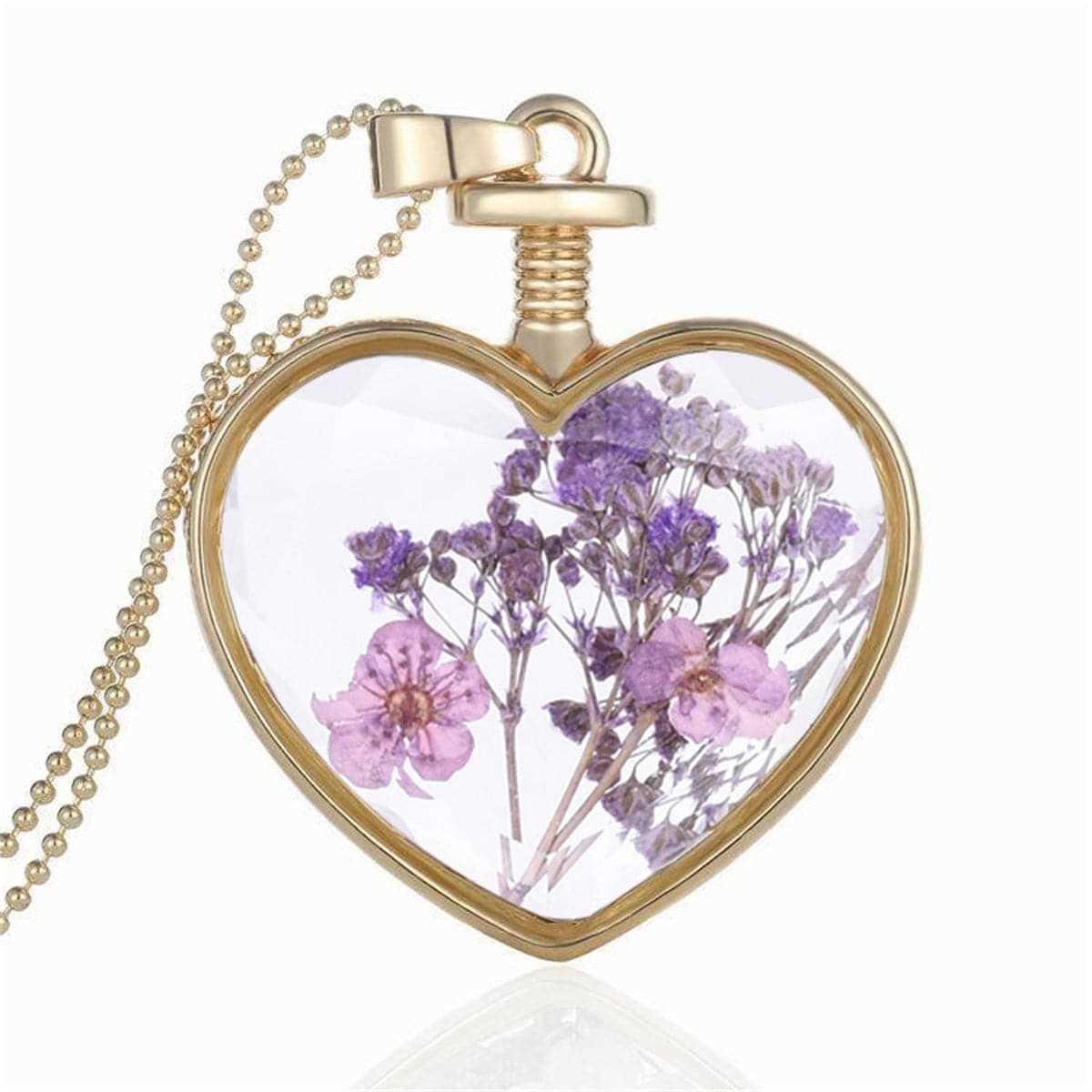 Light Purple Pressed Flower & Goldtone Heart Pendant Necklace
