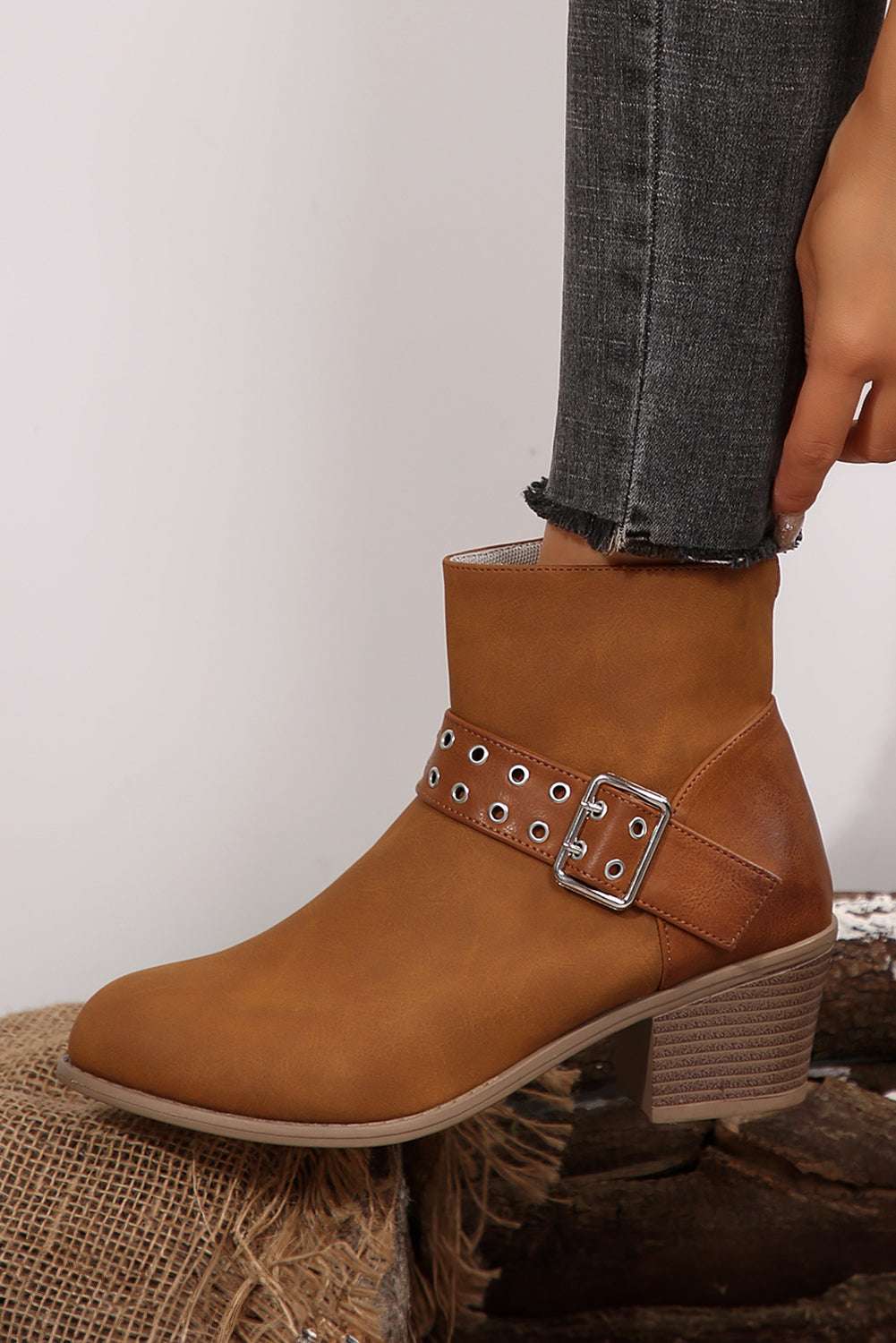 Threaded Pear Eyelet Buckled Ankle Boots