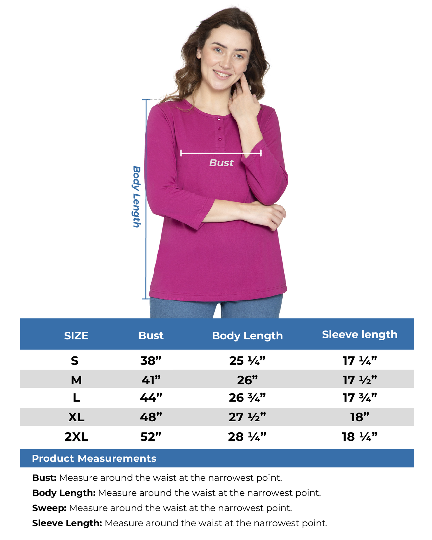 Women's 3/4 sleeves Henley in Cotton Blend with Button Placket