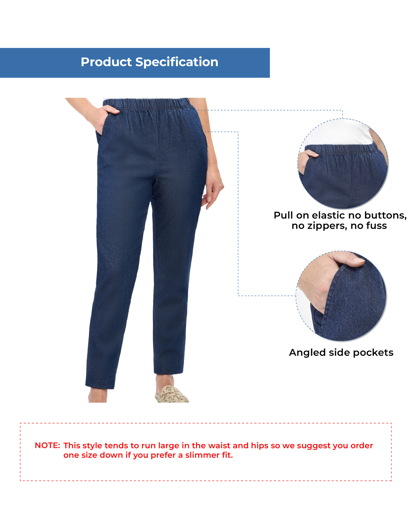 Women's Elastic Waist Pull On Jeans in Denim & Twill - Soft & Lightweight with a bit Stretch