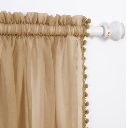 Elegant Comfort Set of 2 Pom Pom Tasseled Sheer Curtain - Rod Pocket