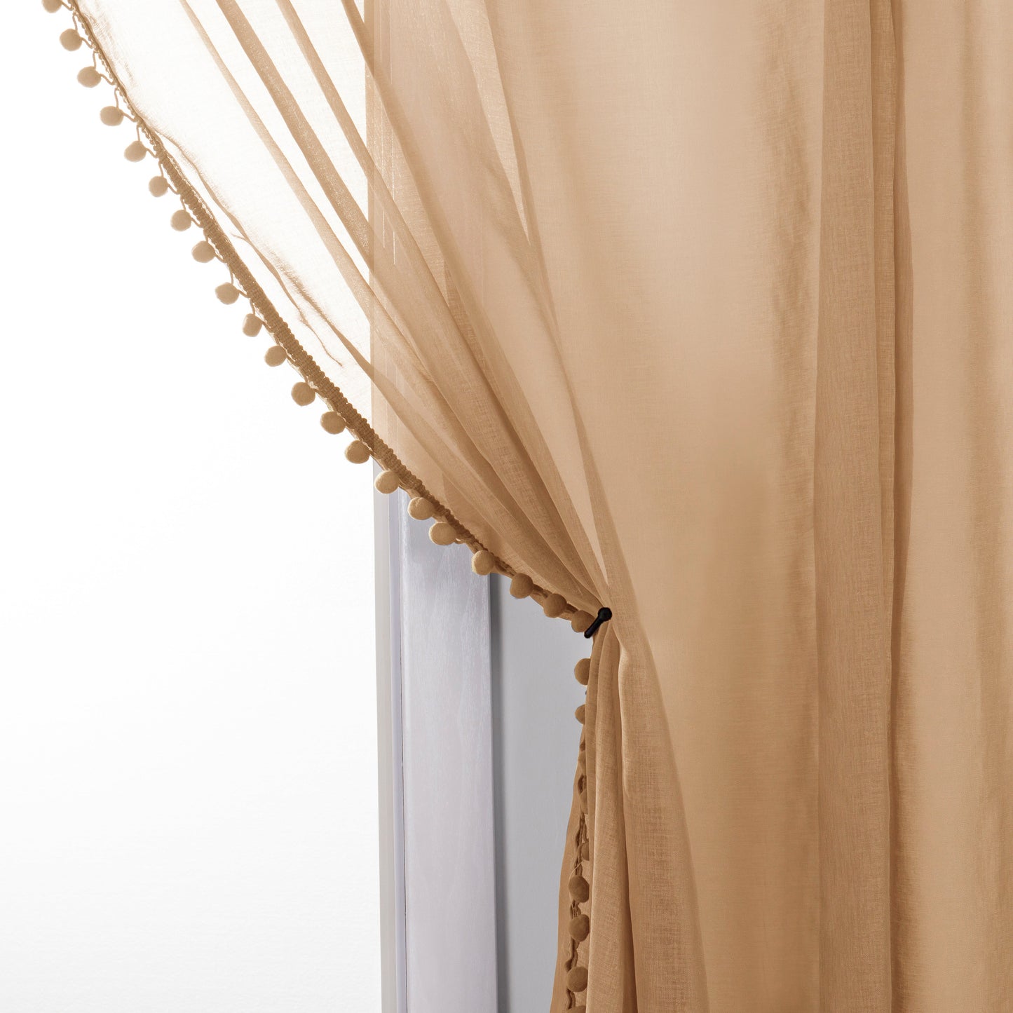 Elegant Comfort Set of 2 Pom Pom Tasseled Sheer Curtain - Rod Pocket