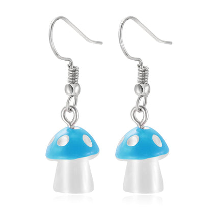 Blue Resin & Silvertone Dot Mushroom Drop Earrings