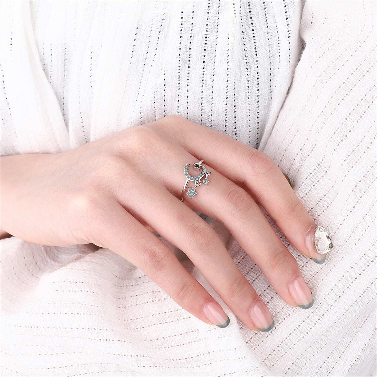 Cubic Zirconia & Silvertone Celestial Star Tassel Open Ring
