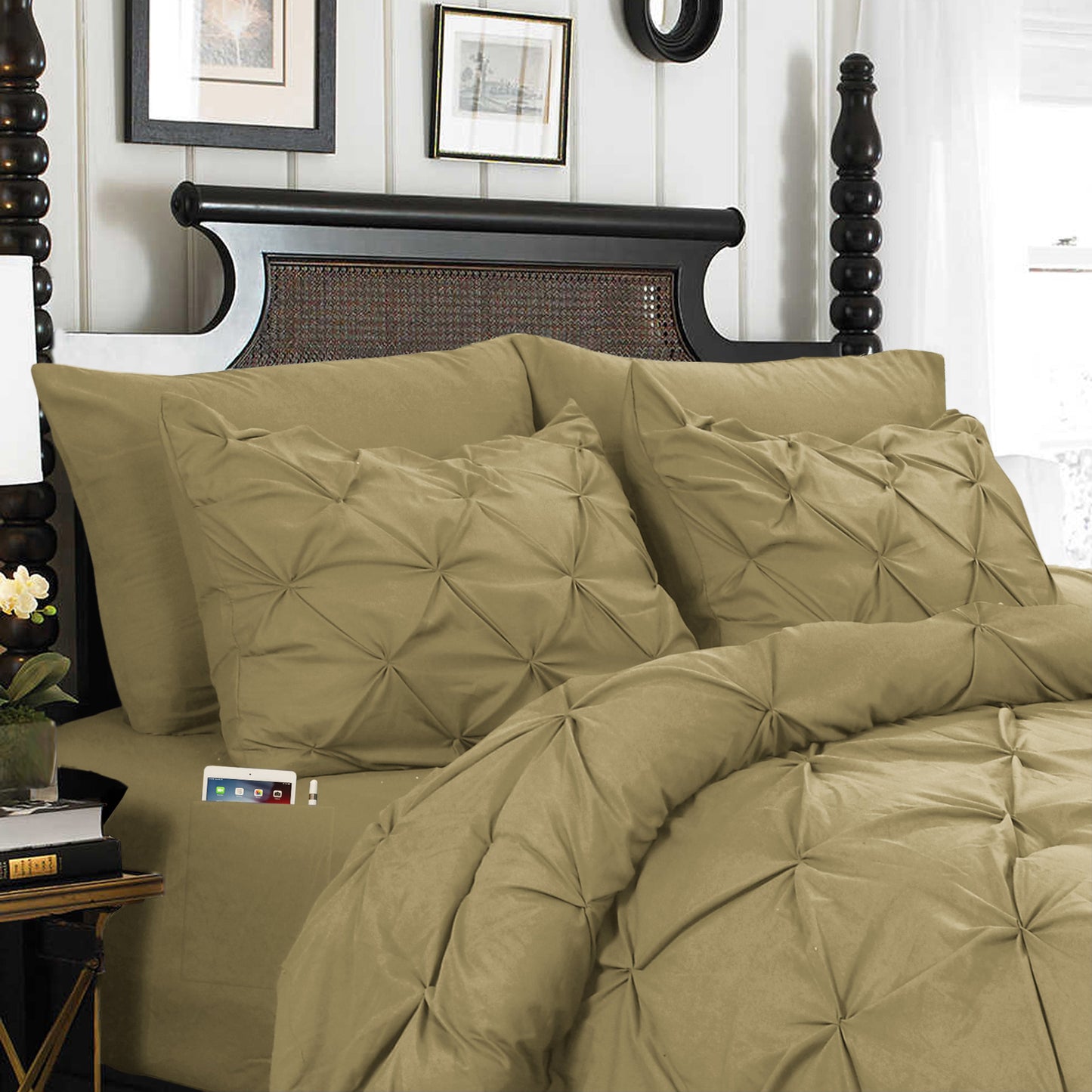 Elegant Comfort 8-Piece Pintuck Pinch Pleated Comforter Set - Includes 4-Piece Sheet Set with Double Sided Storage Pockets