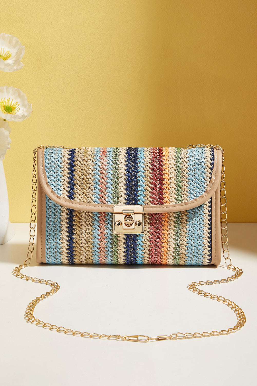 Azariah Striped Crochet Flapped Bag - Strawberry / 8in X 5.5in X 2.5in