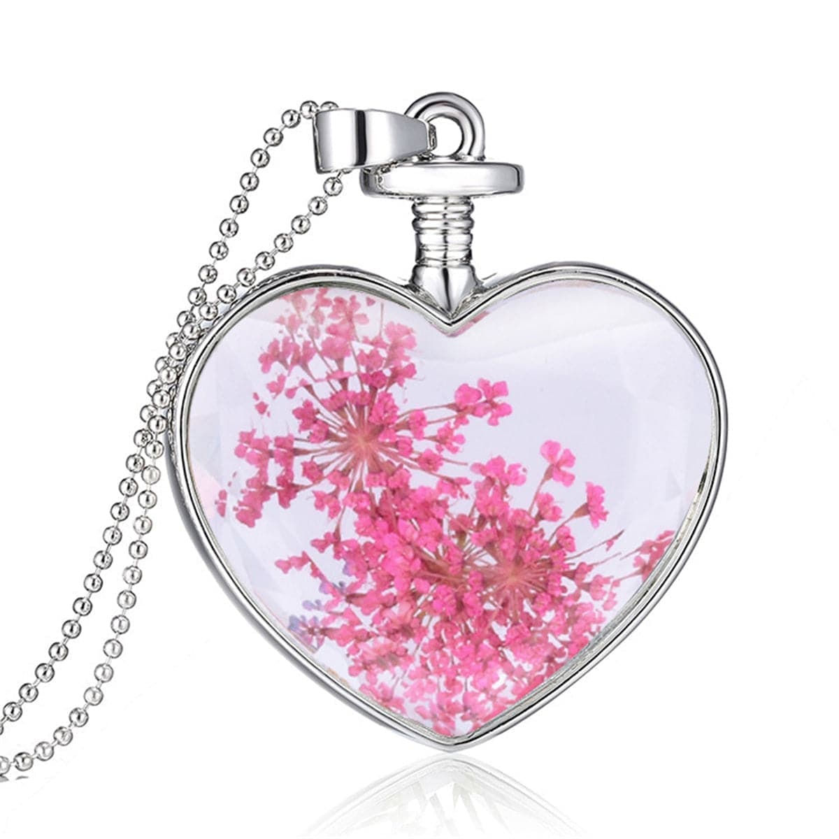 Pink Pressed Gypsophila & Silvertone Heart Pendant Necklace