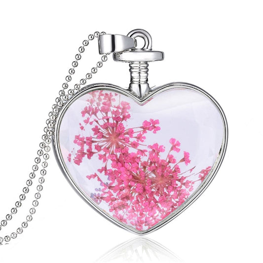 Pink Pressed Gypsophila & Silvertone Heart Pendant Necklace