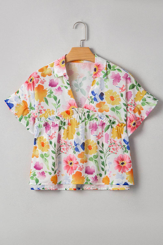 Threaded Pear Liberty Floral Boxy Fit Ruffled Short Sleeve V Neck Blouse