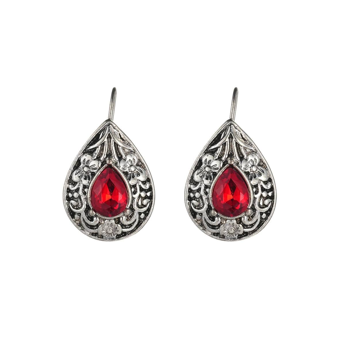 Red Crystal & Silvertone Flower Drop Earrings