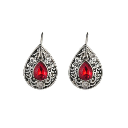 Red Crystal & Silvertone Flower Drop Earrings