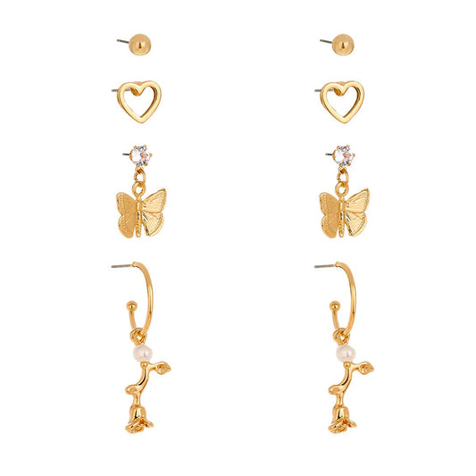 Cubic Zirconia & Goldtone Butterfly Drop Earrings Set