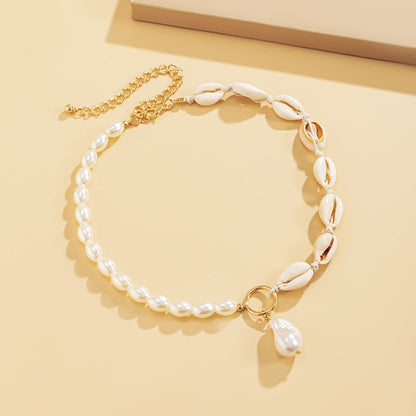 Shell & Pearl Drop Patchwork Choker Necklace
