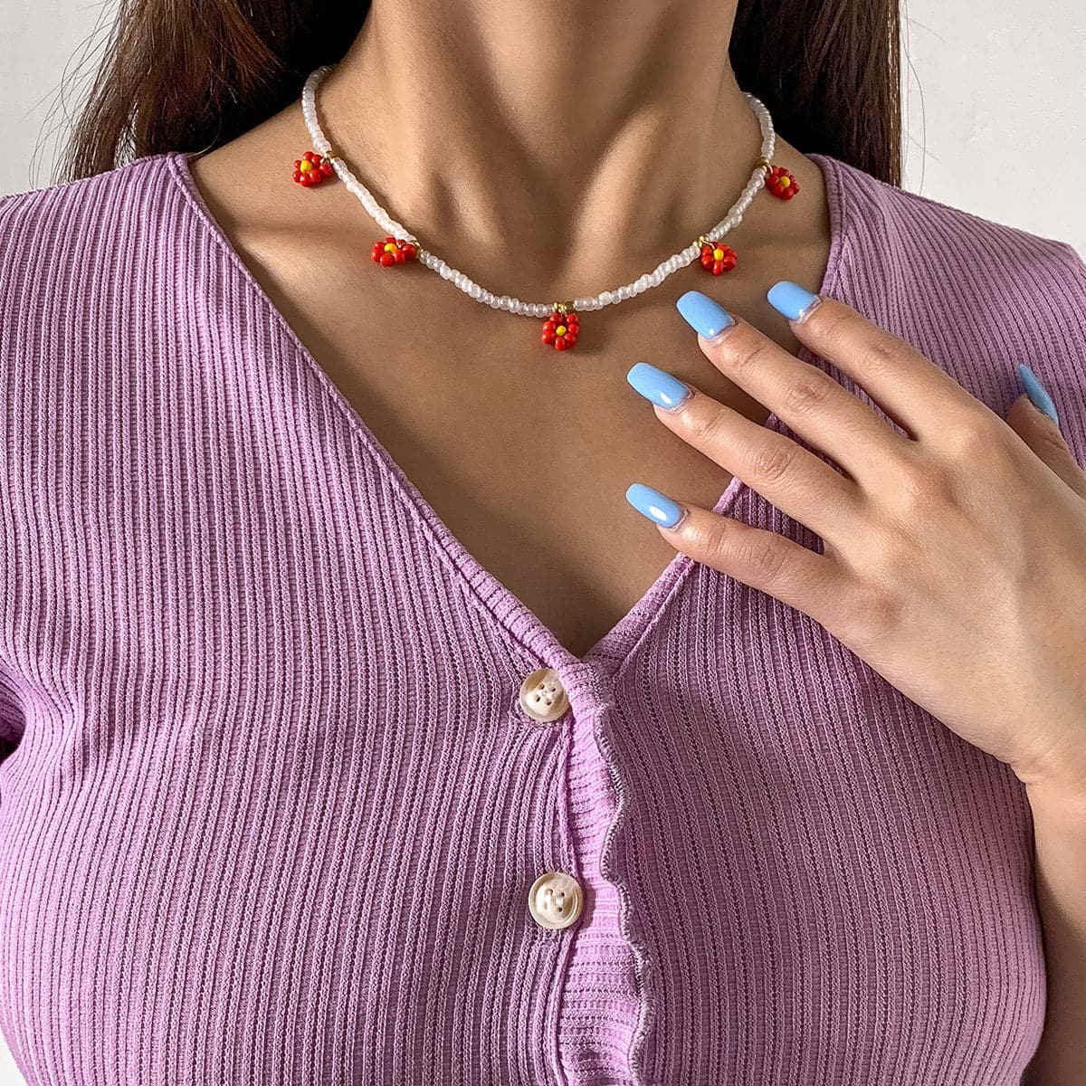 Red Howlite & Goldtone Mum Beaded Station Necklace