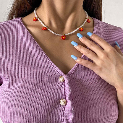 Red Howlite & Goldtone Mum Beaded Station Necklace