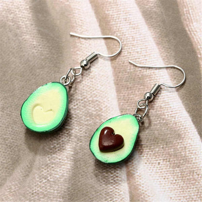 Green & Silvertone Avocado Heart Drop Earrings