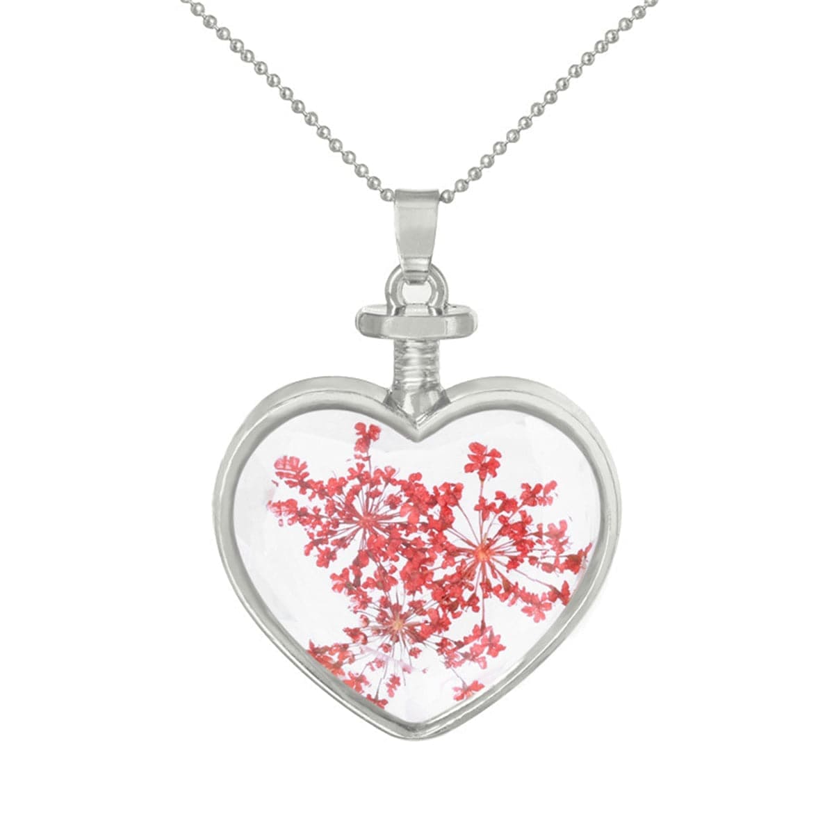 Red Pressed Gypsophila & Silvertone Heart Pendant Necklace