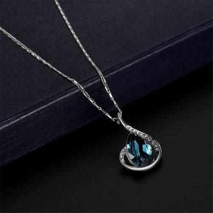 Blue & Silvertone Pear Pendant Necklace & Drop Earrings