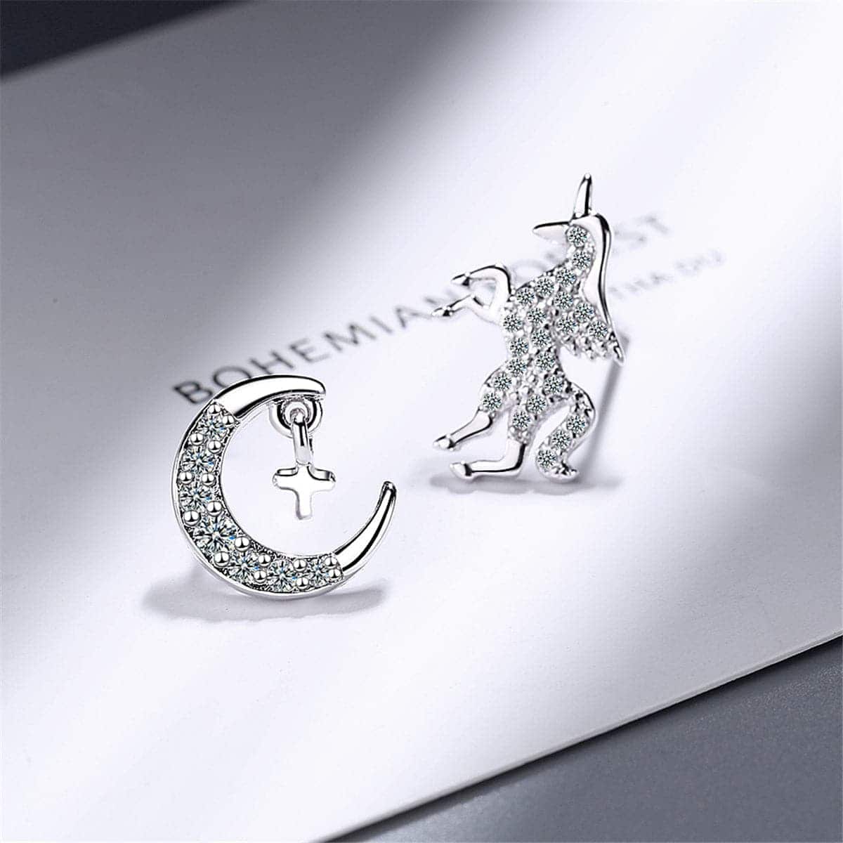 Cubic Zirconia & Silvertone Moon & Unicorn Stud Earrings
