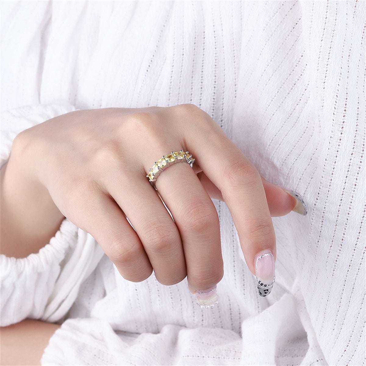 Yellow Crystal & Silvertone Adjustable Ring