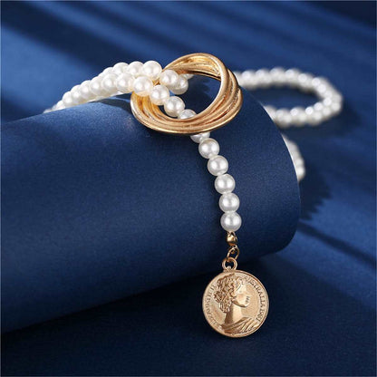 Pearl & Goldtone Coin Lariat Necklace