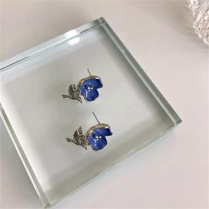 Blue & Silvertone Flower & Bird Drop Earrings