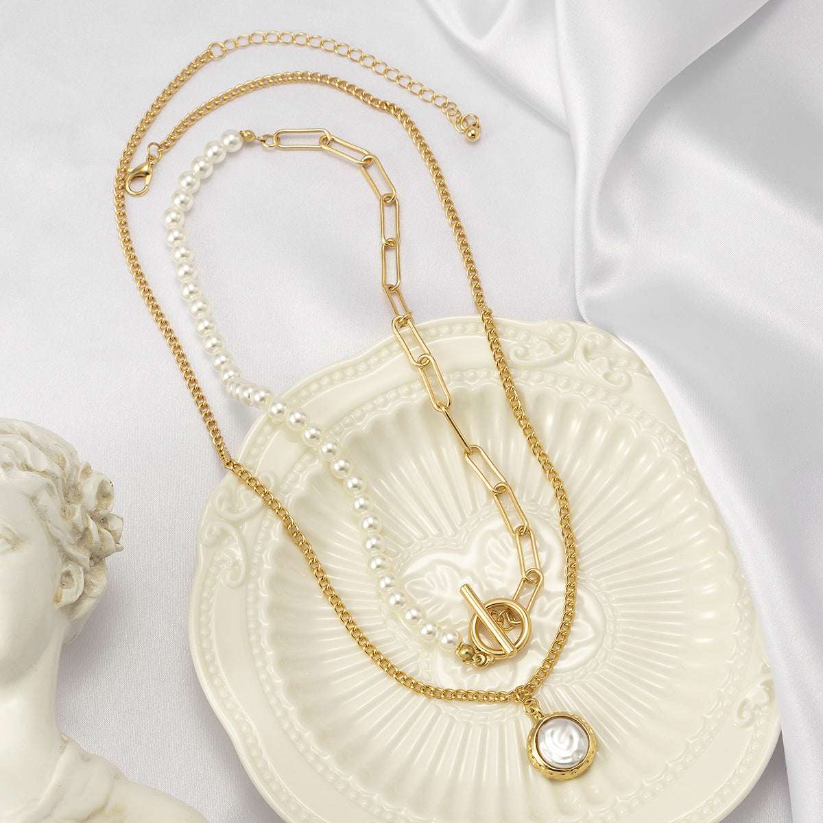 Pearl & Goldtone Toggle Necklace Set-2