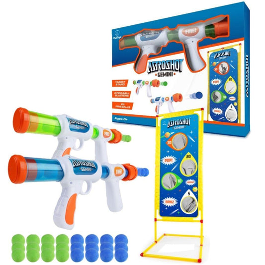 White, blue dart gun and green, blue balls-