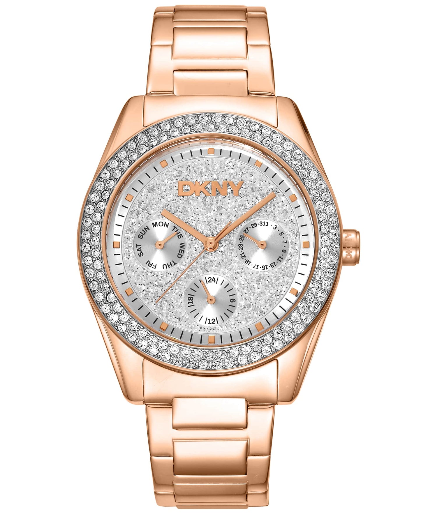 Dkny Women Watch, Rose Gold Color Case, Silver Powder Dial, Rose Gold Color Metal Bracelet, Multi-Function, 5 Atm
