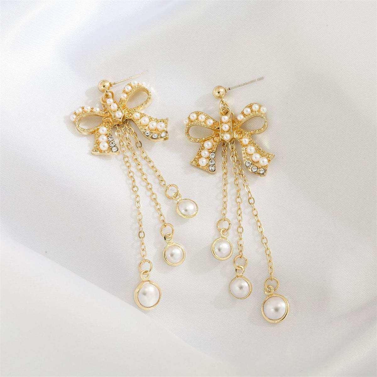 Pearl & Cubic Zirconia Goldtone Bow Triple-Tassel Drop Earrings