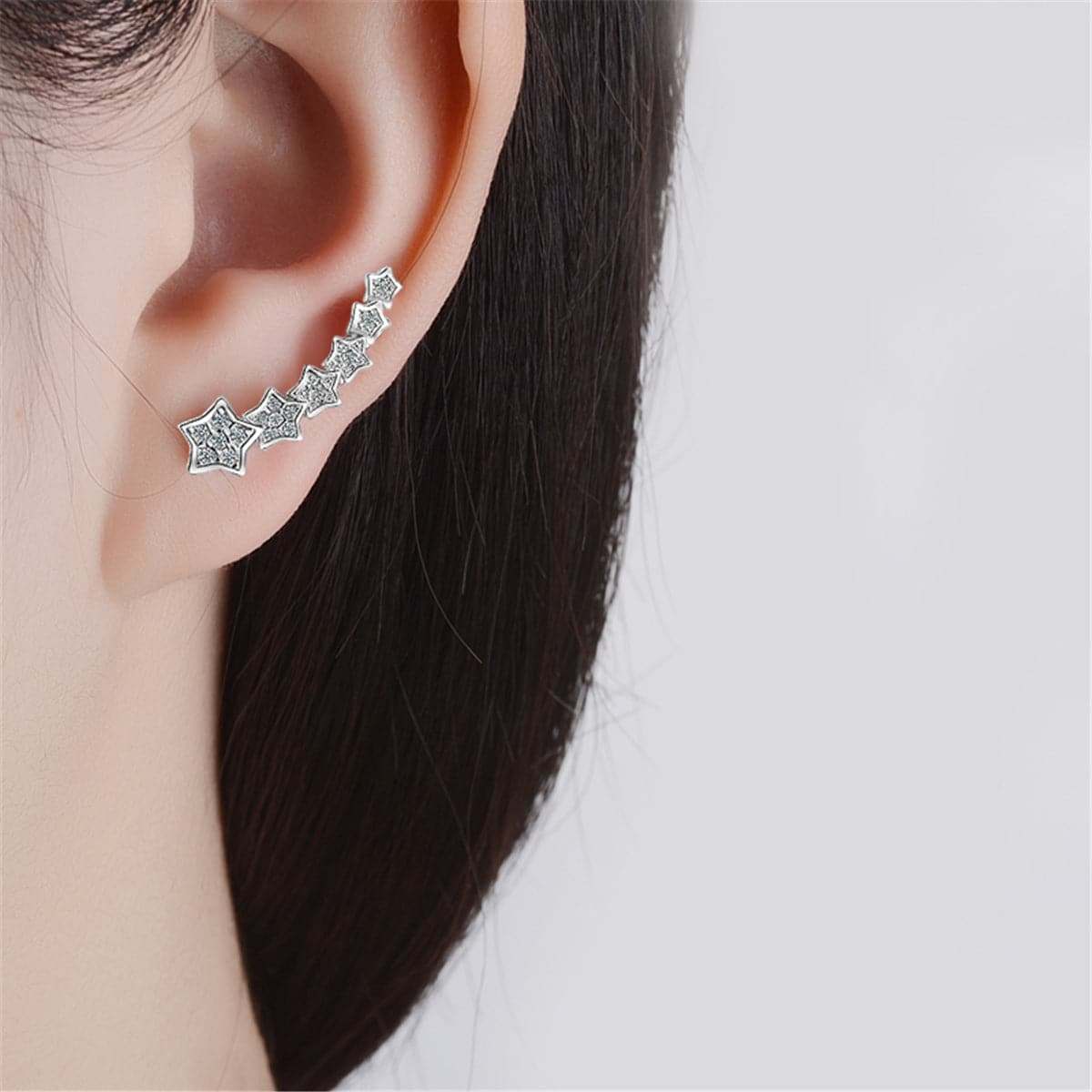 Cubic Zirconia & Silvertone Linking Star Ear Climbers-2