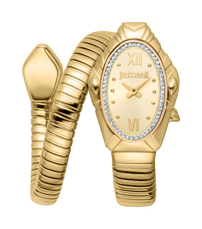 Just CAVALLI Women Watch, Gold Color Case, Champagne Dial, Gold Color Metal Bracelet, 2 Hands, 3 Atm