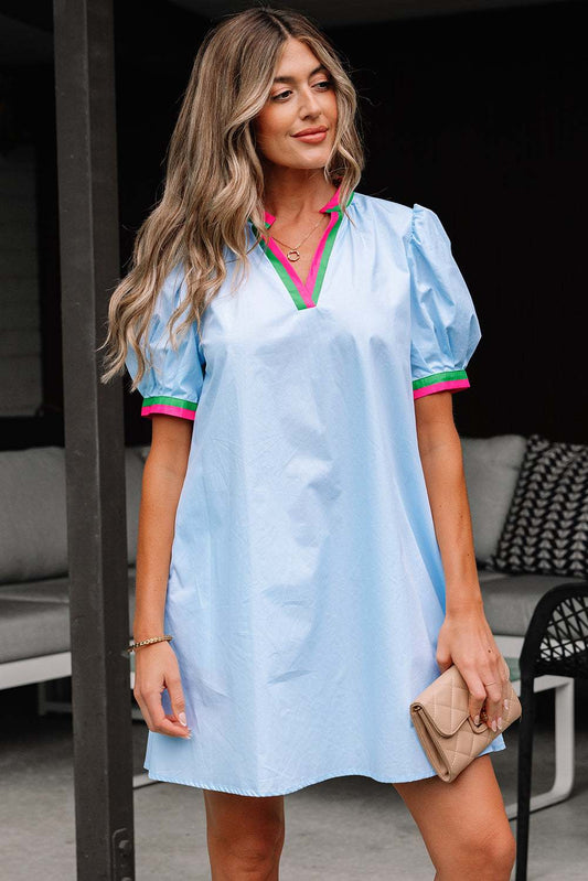 Threaded Pear Lily Striped Notched V Neck Puff Sleeve Mini Dress