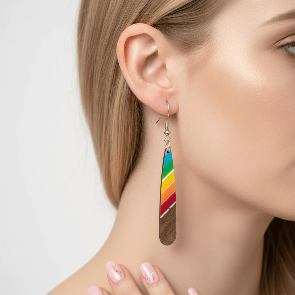 Rainbow Resin & Wood Silvertone Stripped Teardrop Hook Earrings