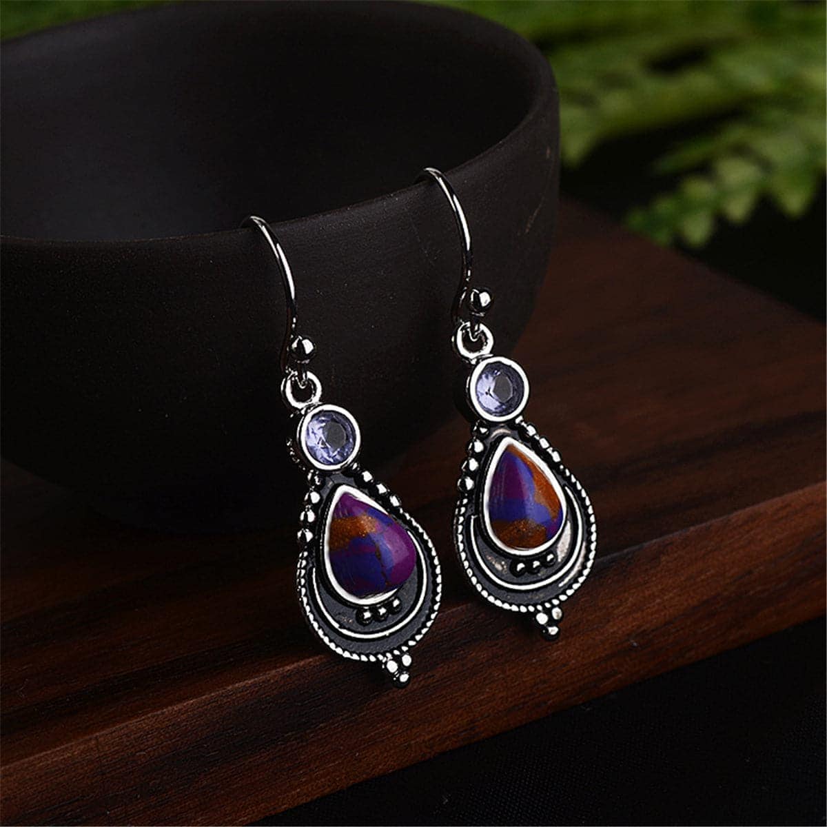 Purple Turquoise & Crystal Silvertone Teardrop Earrings
